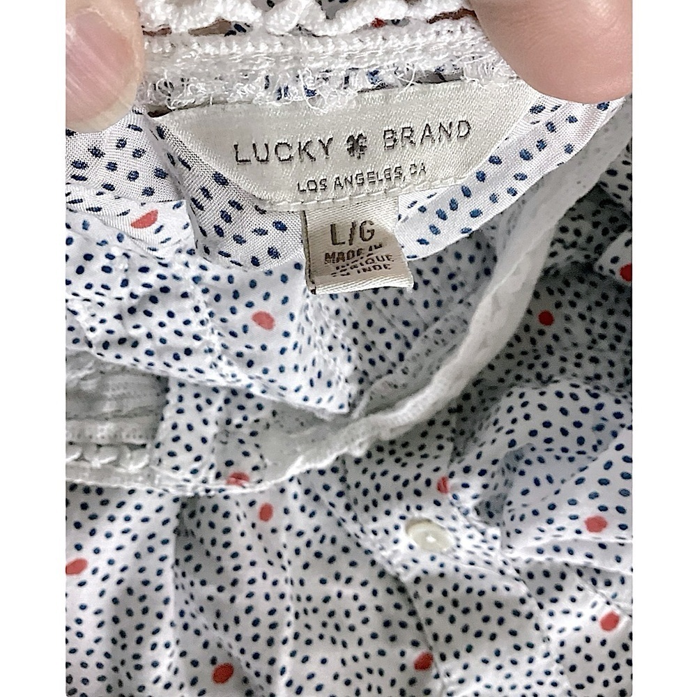 Lucky Brand Blue & Red Polka Dot on White Lace Trim Cotton Tank Top Size Large - Picture 9 of 16